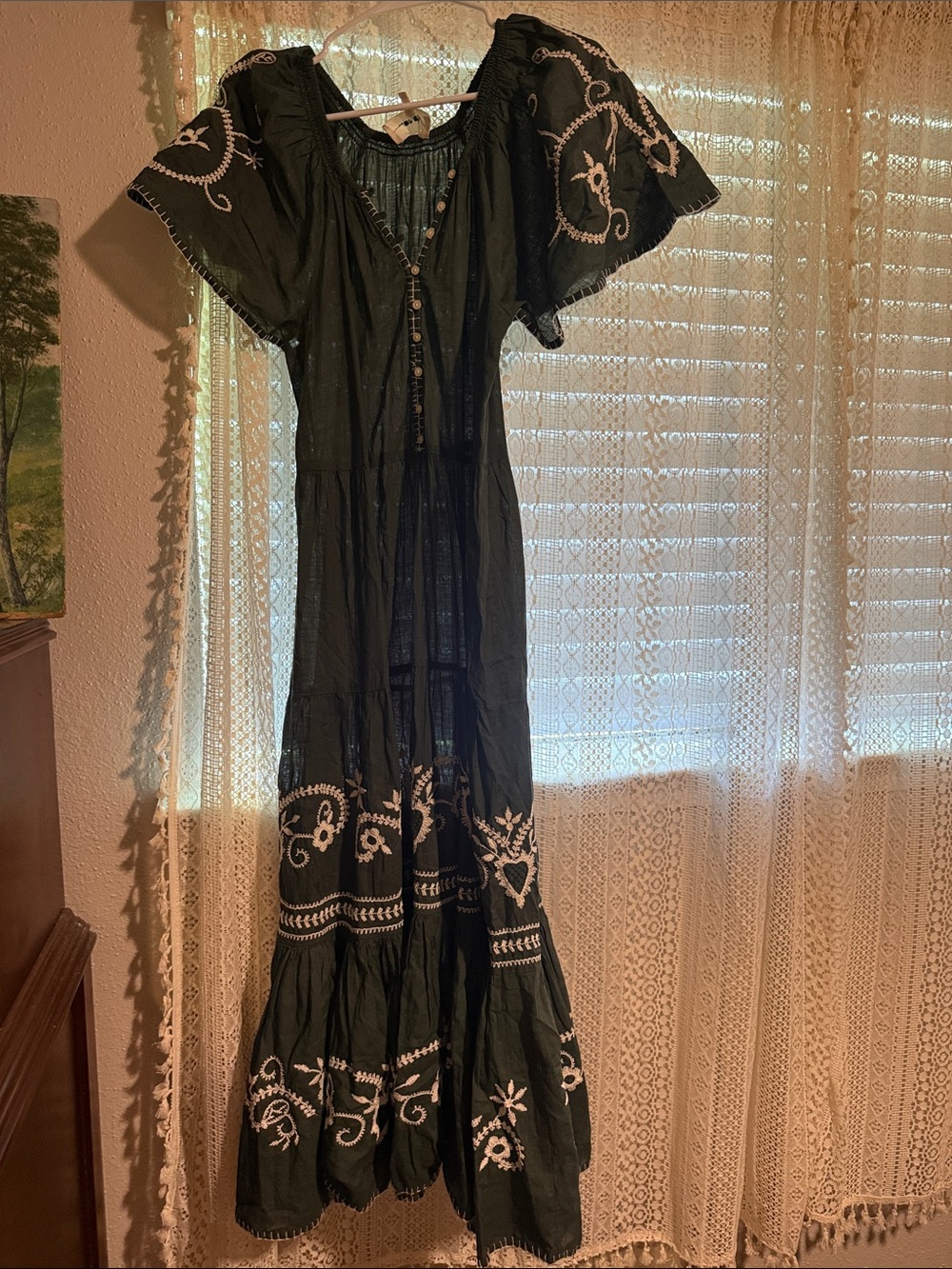 The Great Embroidered Black Maxi Dress with White Floral Detail